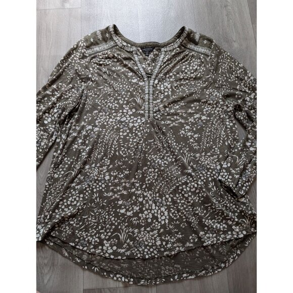 Lucky Brand Olive Floral Long Sleeve Tunic Top 2X Boho Embroidered Neckline - Picture 3 of 6